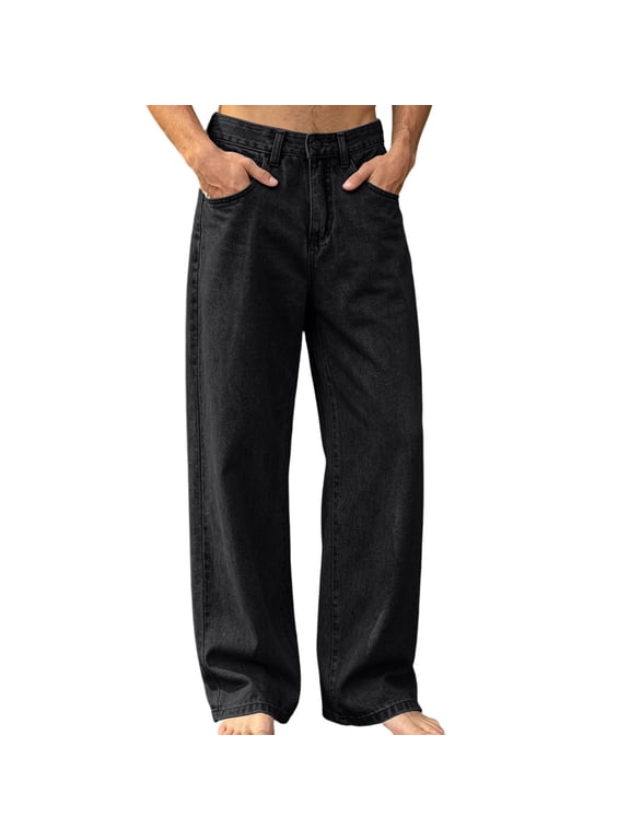 Baggy Jeans for Men Streetwear Straight Leg Pants Button High Waisted Trouser Loose Fit Denim Clothes(Dark Gray,Medium)