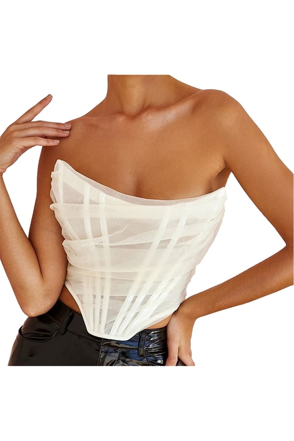 Bandeau Tops for Women Mesh Strapless Zip Back Boned Overbust Corset Asymmetry Hem Going out Crop Top Bodyshaper