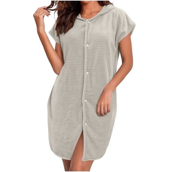 Kaemgyyd Bathrobe for Women Soft Comfy Short Sleeve Hooded Loungewear Knee Length Quick-Dry Sleepwear Button down Robes(Gray,One Size)