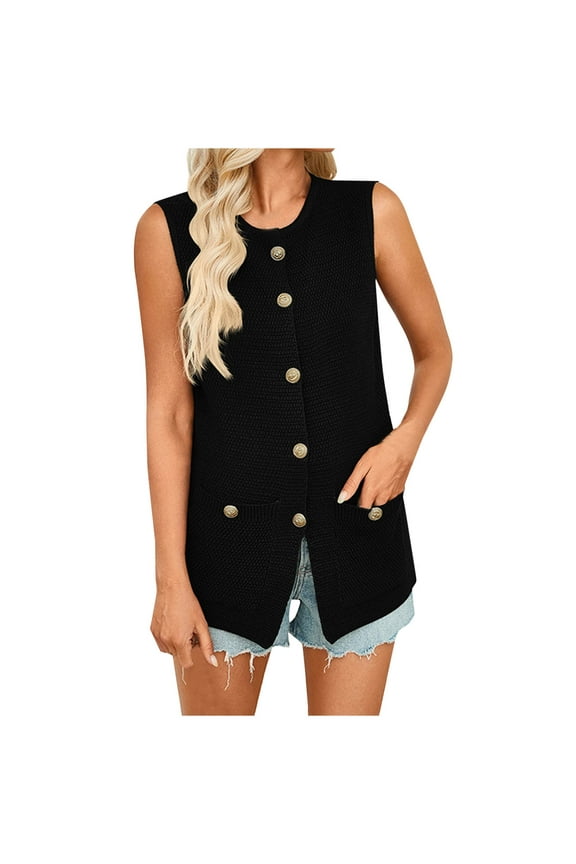 Beach Vaction Clothes for Women Fashion Crew Neck Button down Vest Summer Lightweight Sleeveless Cardigan Tops with Pockets