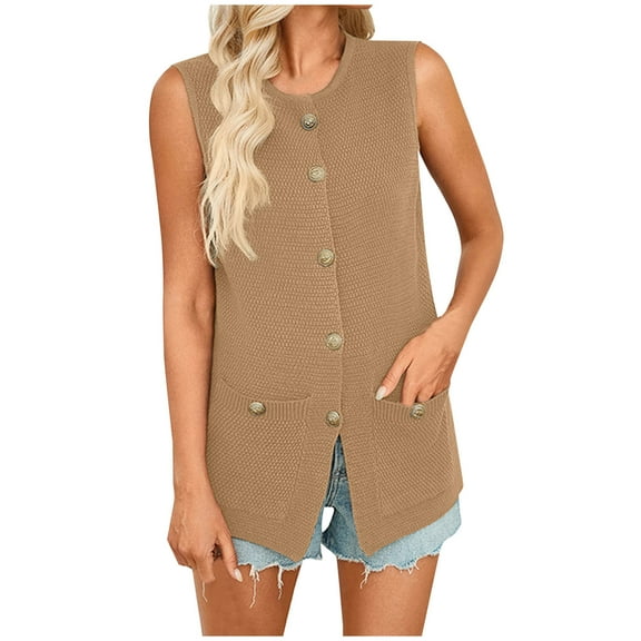 Kaemgyyd Beach Vaction Clothes for Women Fashion Crew Neck Button down Vest Summer Lightweight Sleeveless Cardigan Tops with Pockets
