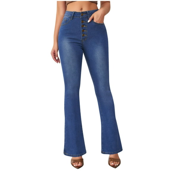 Kaemgyyd Bell Bottom Jeans for Women Stretchy High Waisted Flare Denim Pants Trendy Button Wide Leg Bootcut Pants with Pocket