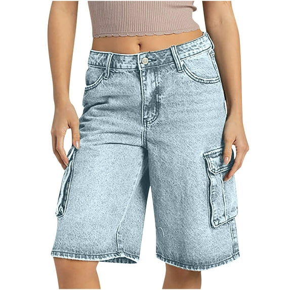 Kaemgyyd Bermuda Jean Shorts for Women Vintage Wide Leg Trendy Stretchy Denim Shorts Casual Knee Length Loose Fit Cargo Shorts