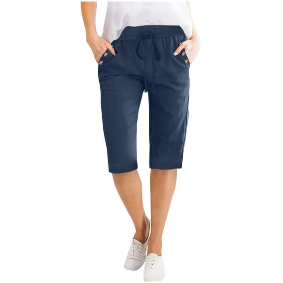 Kaemgyyd Bermuda Shorts Womens Drawstring Elastic Waist Button Knee Length Shorts Summer Casual Cotton Linen Beach Shorts Pockets