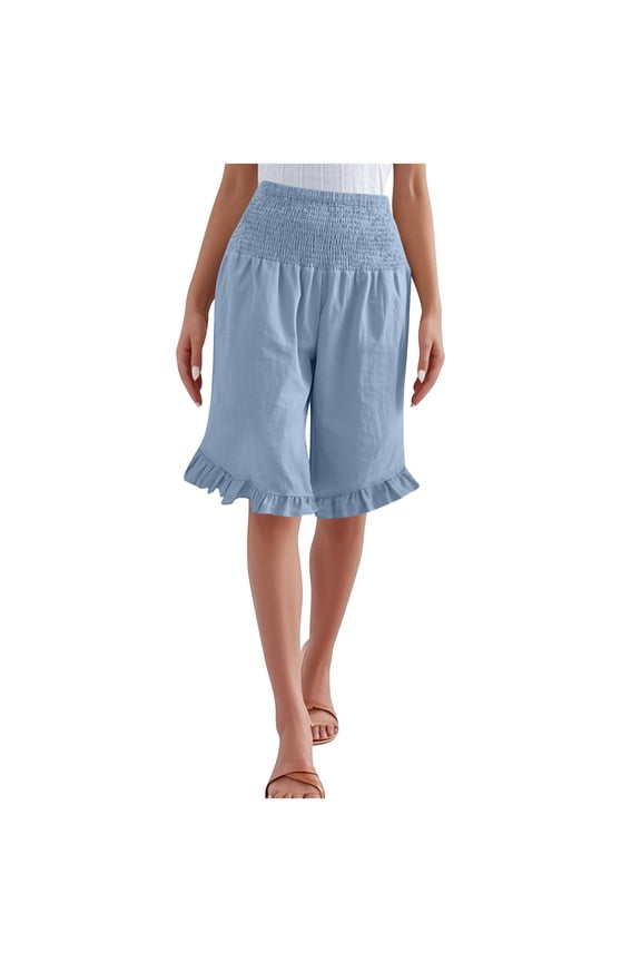 Bermuda Shorts for Women Cute Ruffle Hem Knee Length Wide Leg Shorts Summer Casual Smocked Beach Clothes