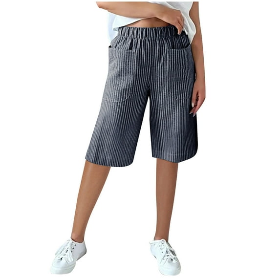 Kaemgyyd Bermuda Shorts for Women Knee Length Elastic high Waist capri pants Loose Wide Leg striped Shorts Summer Casual Beach Clothes