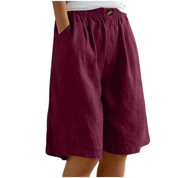Kaemgyyd Bermuda Shorts for Women Wide Leg Cotton Linen Knee Length Summer Capri Pants Loose Button High Waisted Shorts with Pockets