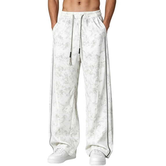 Kaemgyyd Big and Tall Men's Baggy Wide Leg Sweatpants Side Striped Pants with Drawstring Waist Trousers Streetwear Travel Clothes(White,X-Large)