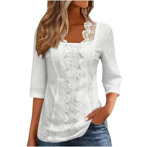 Kaemgyyd Blouses for Women Dressy Casual 3/4 Sleeve Keyhole Embroidery Shirts Cute Lace Work Office Hollow out Tops Outfit
