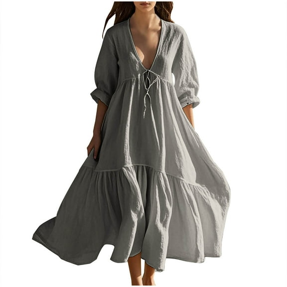 Kaemgyyd Boho Dresses for Women Cotton Linen Flowy Midi Dress Deep V Neck Lace up Half Sleeve Tiered Ruffle Fall Dresses