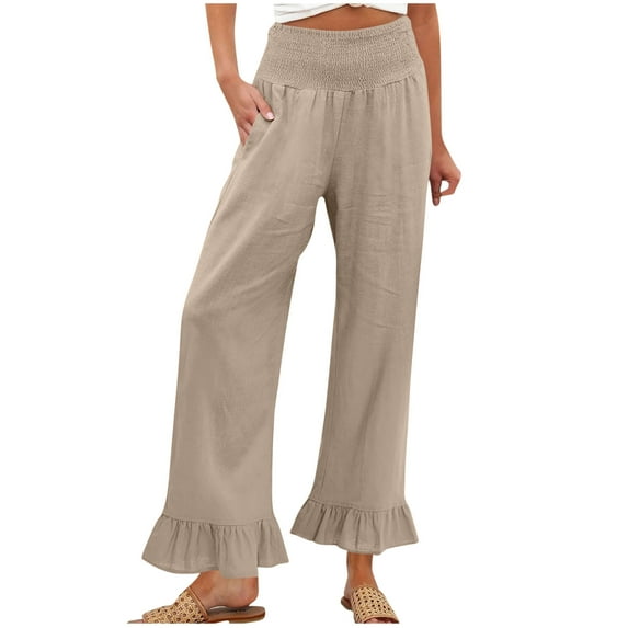 Kaemgyyd Boho Pants for Women Cotton Linen Smocked High Waist Beach Trousers Casual Wide Leg Ruffle Hem Pants with Pockets