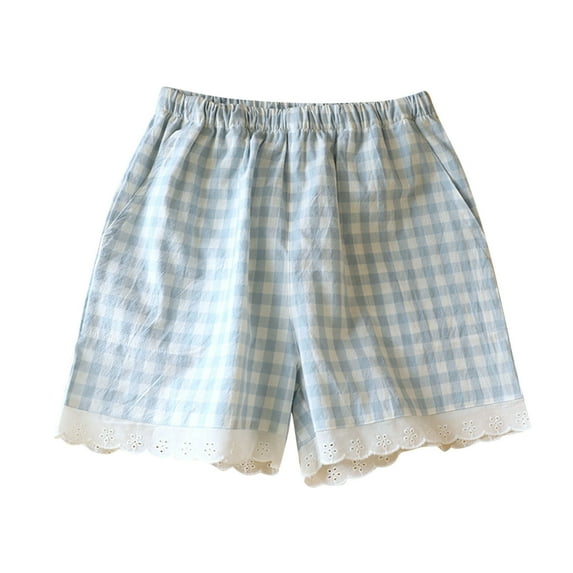 Kaemgyyd Boxer Shorts for Womens Cute Plaid Lace Trim Elastic Waist Pajamas Shorts Lounge Sleep Pj Bottoms with Pockets