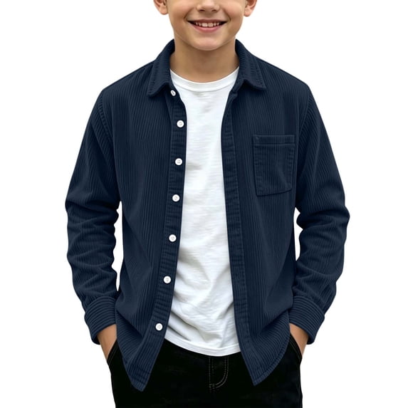 Kaemgyyd Boys Fall Corduroy Shacket Jacket Long Sleeve Button down Collar Shirts Kids Solid Color Casual Clothes for School(Navy,8-9 Years)