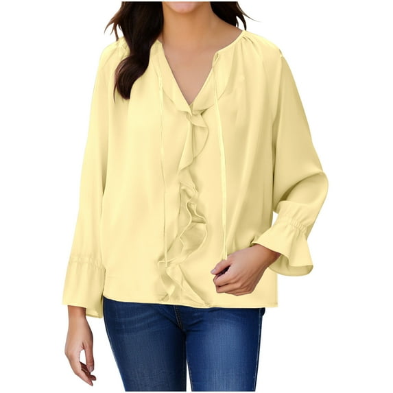 Kaemgyyd Business Casual Tops for Women Spring Trendy Long Sleeve Ruffle V Neck Chiffon Blouse Work Office Shirt