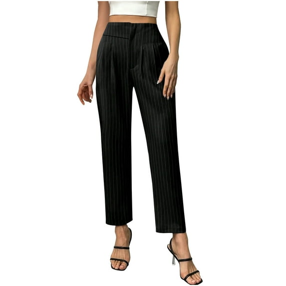 Kaemgyyd Business Work Pants for Women Casual High Waist Striped Dress Pants Straight Leg Slim Fit Office Tapered Trousers