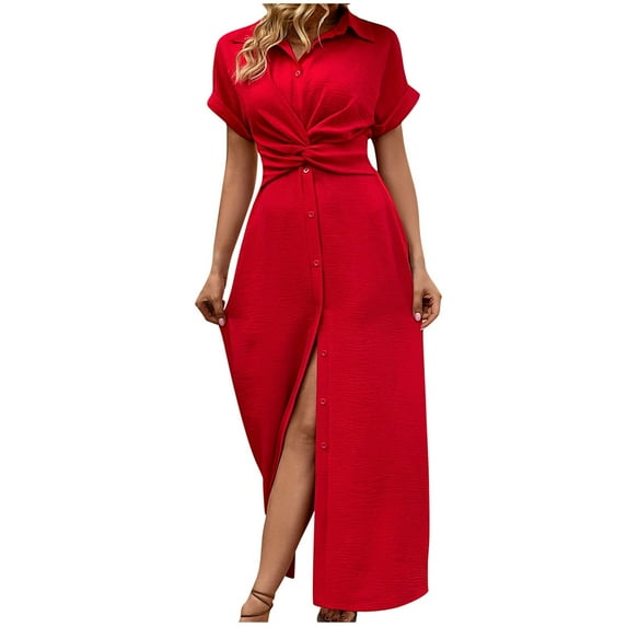 Kaemgyyd Button down Dress for Women Casual Loose Short Sleeve Maxi Dress Solid Color Knot Tied Twisted Front Beach Long Dresses