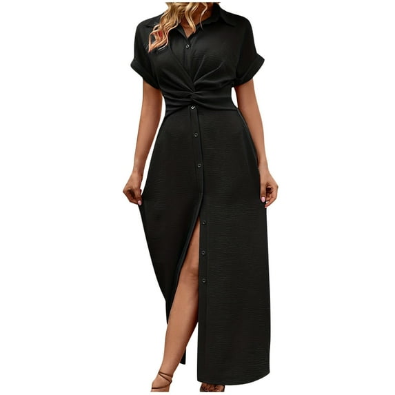 Kaemgyyd Button down Dress for Women Casual Loose Short Sleeve Maxi Dress Solid Color Knot Tied Twisted Front Beach Long Dresses
