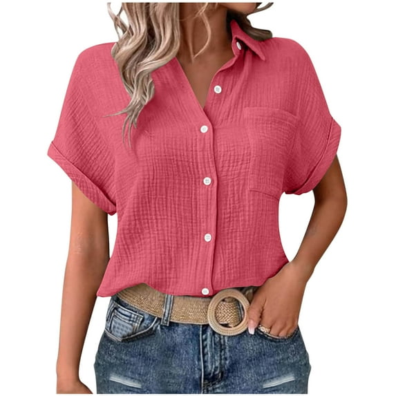 Kaemgyyd Button down Shirt Women Loose Fit Linen Tunic Tops Lightweight Rolled up Short Sleeve Casual Blouses Summer Clothes
