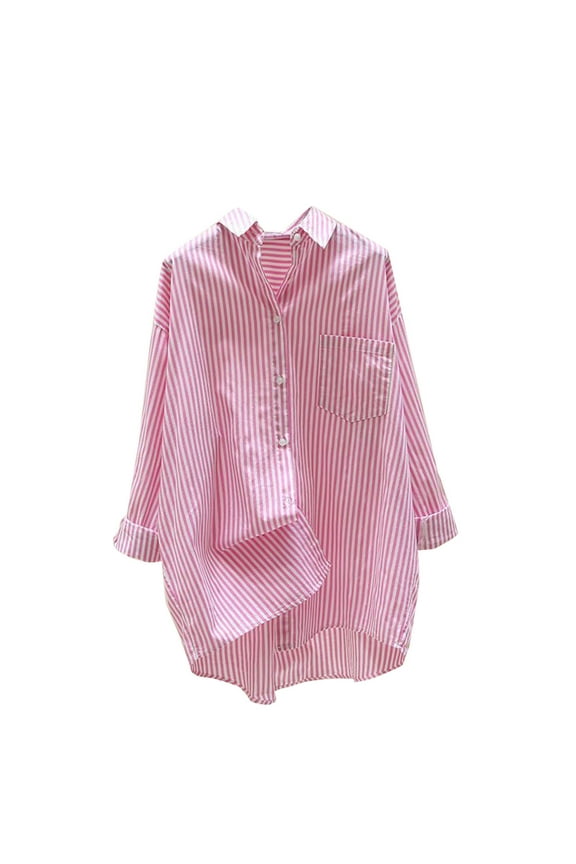 Button down Shirt for Women Stripe Long Sleeve Oversized Tunic Blouse Casual Loose Collared High-Low Fashion Tops