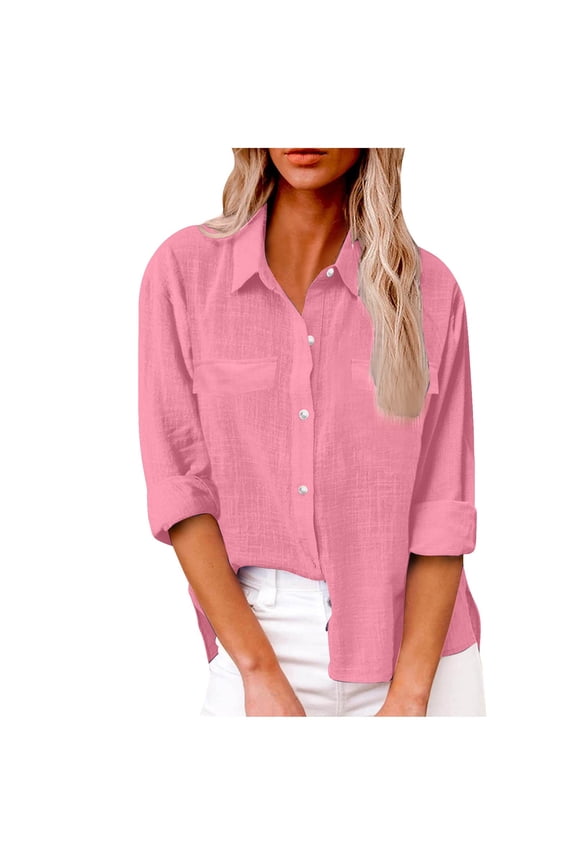 Button down Shirts for Women Long Sleeve Lapel Cotton Linen Tee Shirts Casual Work Office Tops Fall Outfits