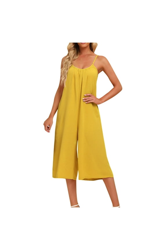 Capri Jumpsuit for Women Loose Casual Sleeveless Spaghetti Strap Rompers Wide Leg Cropped Baggy One-Piece Capris