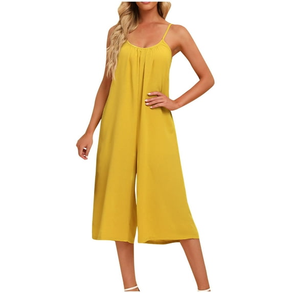 Kaemgyyd Capri Jumpsuit for Women Loose Casual Sleeveless Spaghetti Strap Rompers Wide Leg Cropped Baggy One-Piece Capris