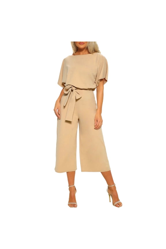 Capri Jumpsuits for Women Dressy Short Sleeve Crew Neck Pant Romper Wide Leg Tie Waist Belted Cropped One-Piece Romper