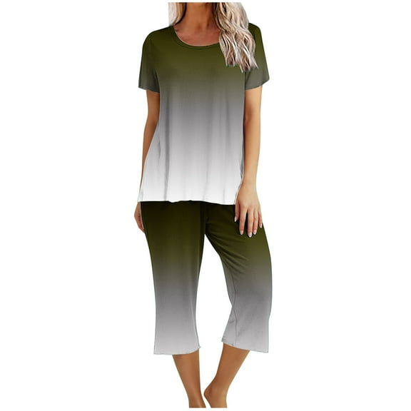Kaemgyyd Capri Pajama Sets for Women Short Sleeve Gradient Tops Soft Comfy Sleepwear Two Piece Pjs Sets Loungewear