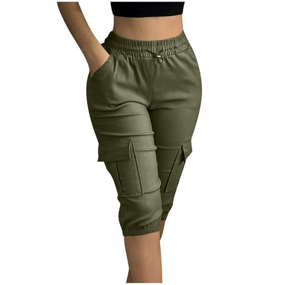 Kaemgyyd Capri Pants for Women Summer Clothes High Waist Drawstring Crop Trousers Casual Slim Hiking Cargo Pants with Pockets