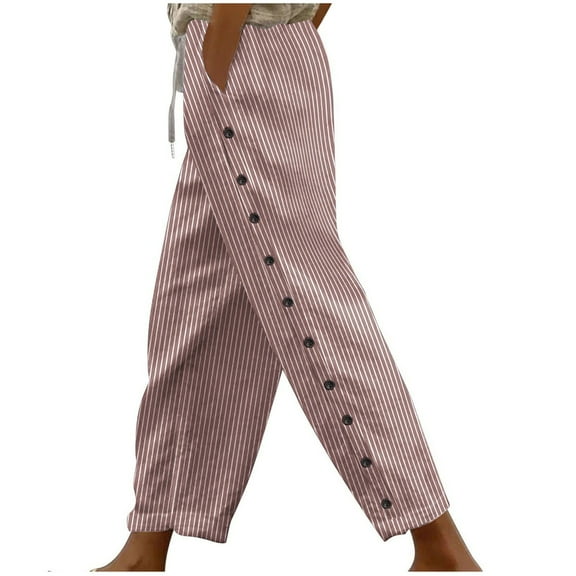 Kaemgyyd Capri Pants for Women Casual Elastic Waisted Trousers Side Button Drawstring Loose Striped Print Cropped Beach Pants