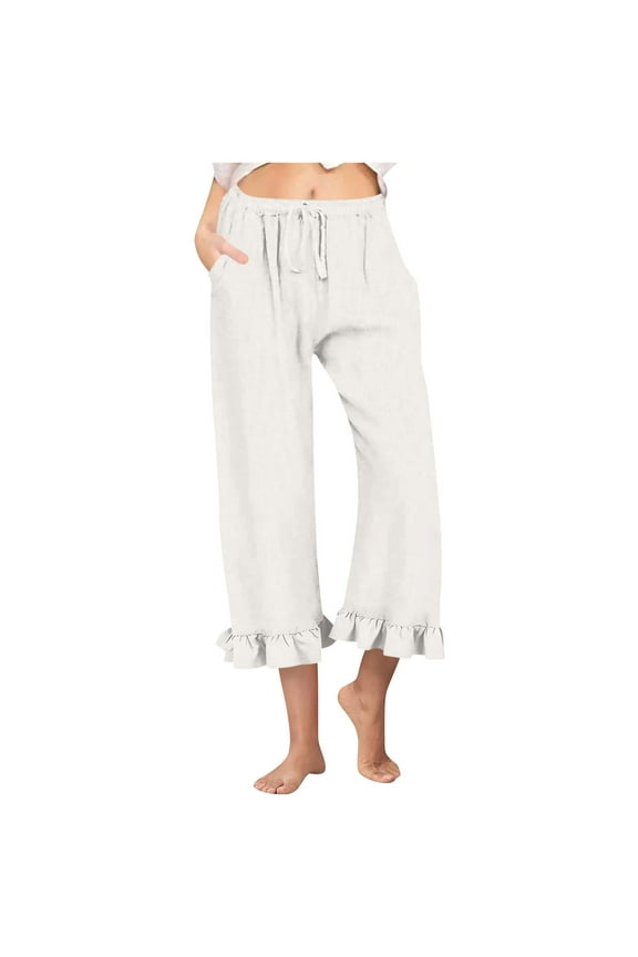Capri Pants for Women Cute Ruffle Hem Cotton Linen Pants Beach Vaction Drawstring Cropped Trousers with Pockets