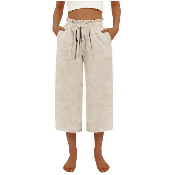 Kaemgyyd Capri Pants for Women Drawstring Wide Leg Casual Loose Lounge Cropped Trousers with Pocket High Waist Flowy Beach Capris