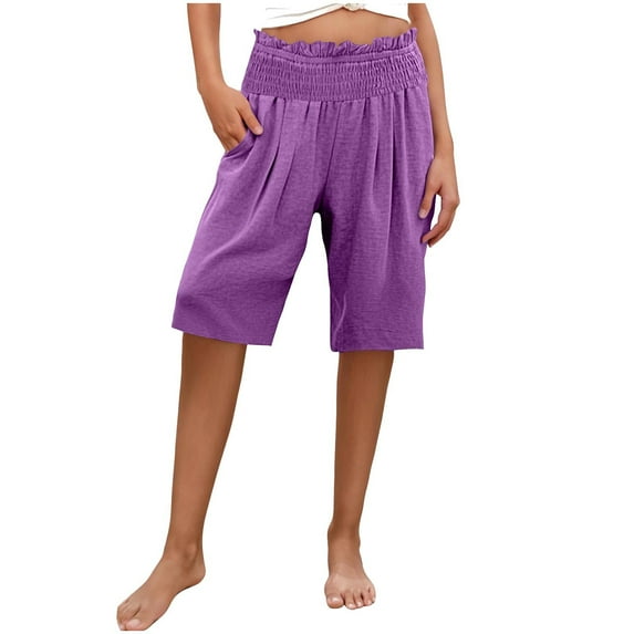 Kaemgyyd Capri Pants for Women High Waisted Wide Leg Cotton Linen Palazzo Croppe Trousers Pull on Smock Waist Loose Flowy Pants