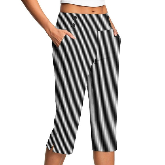 Kaemgyyd Capri Pants for Women Stretch High Waisted Crop Office Work Pants Trendy Button Striped Capris Slacks Yoga Dress Pant