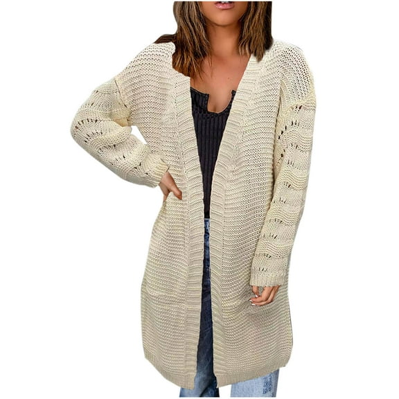 Kaemgyyd Cardigan Sweaters for Women Fall Soft Open Front Knit Coat Fashion Solid Hollow out Long Sleeve Outwear Winter