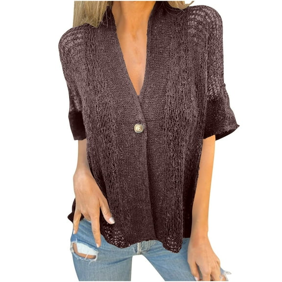 Kaemgyyd Cardigan Sweaters for Women Lightweight Half Sleeve Crochet Knit Knit Cardigan Loose Fashion Summer Cover up with Button