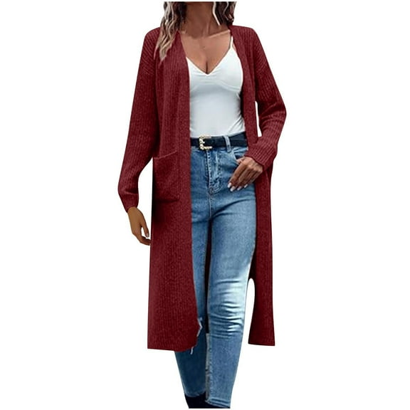 Kaemgyyd Cardigan Sweaters for Women Lightweight Open Front Long Jacket with Pocket Casual Solid Long Sleeve Knit Coats