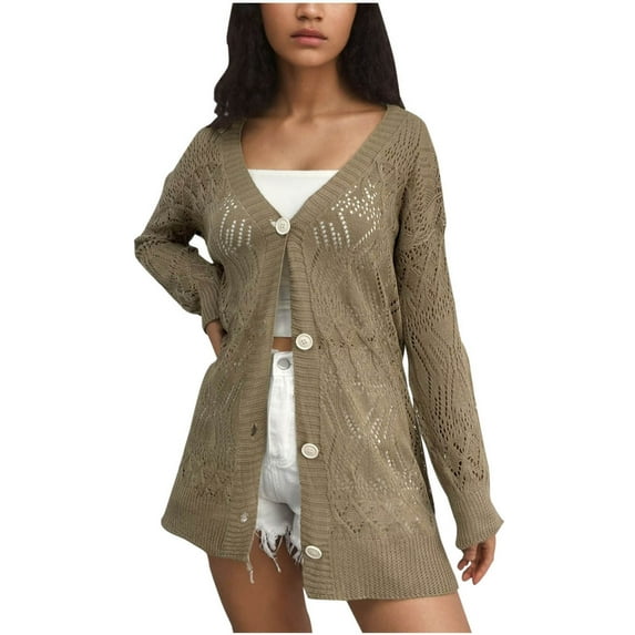 Kaemgyyd Cardigan Sweaters for Women Stylish Fall Long Sleeve Crochet Knit Outerwear Button down Hollow out Beach Coats