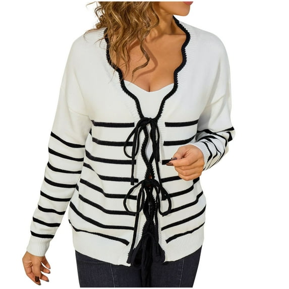 Kaemgyyd Cardigan Sweaters for Women Trendy Striped Tie Front Knit Outerwear Cute Long Sleeve Soft Fall Outfits