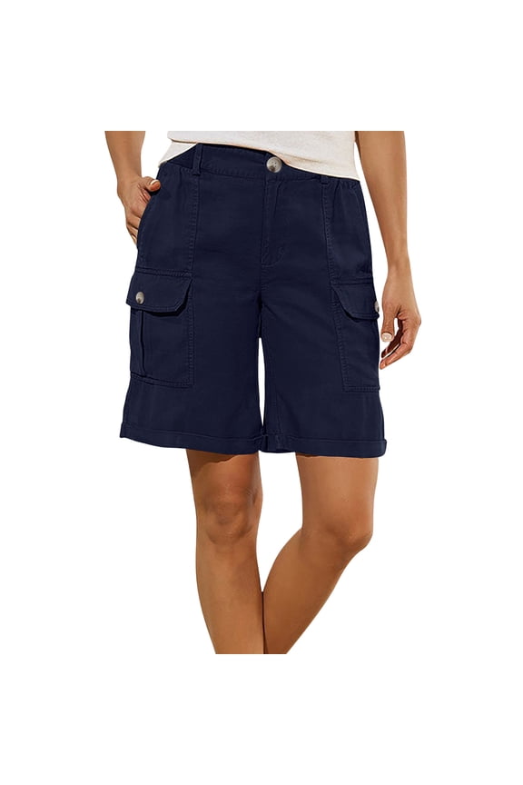 Cargo Shorts for Women Casual Summer Elastic Waisted Chino Shorts Wide Leg Cuffed Hem Comfy Shorts for Work Casual