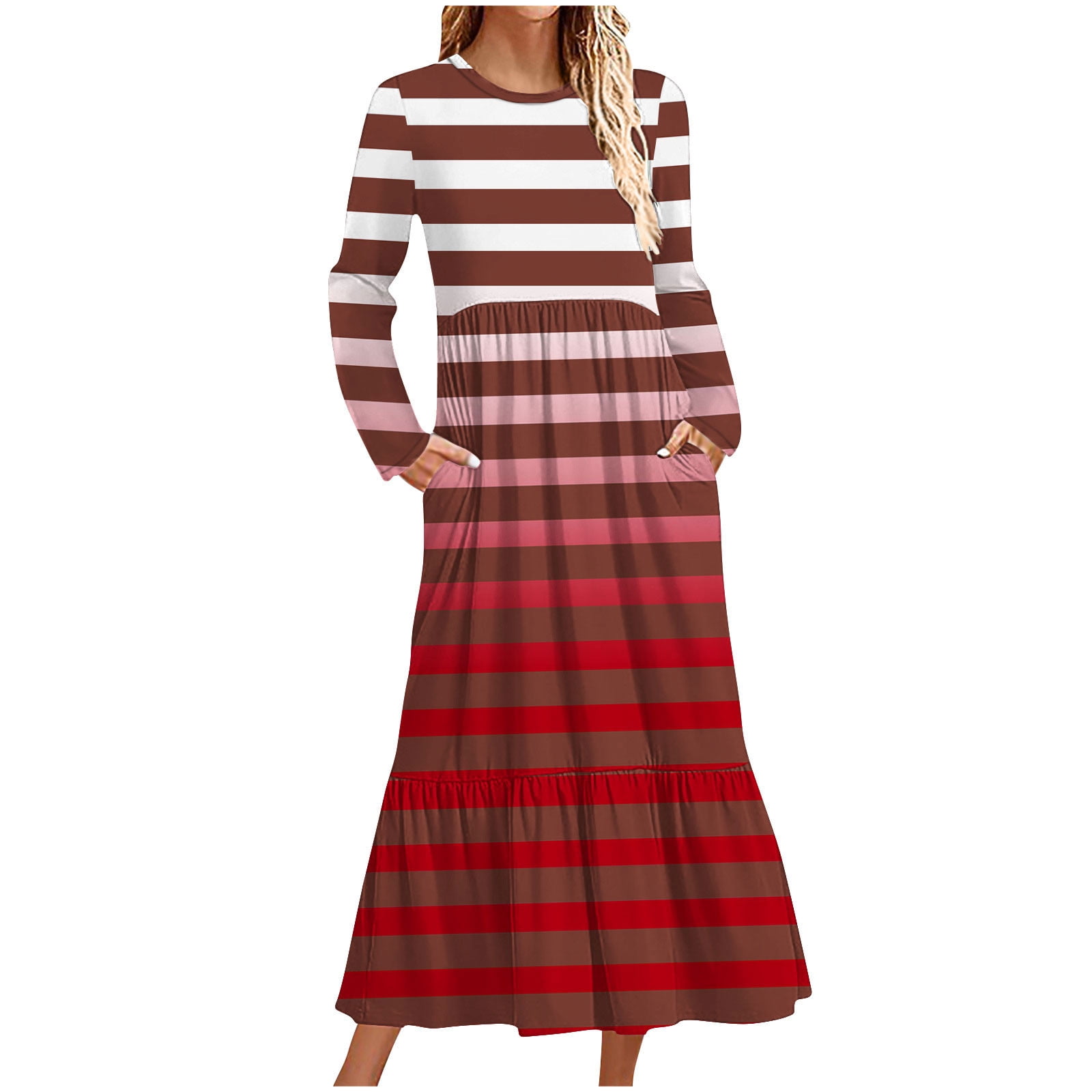 chinese dress ladies ZESICA Long Sleeve Crew Neck Ruffle Tiered Chiffon Midi Dress – zesica main image 0