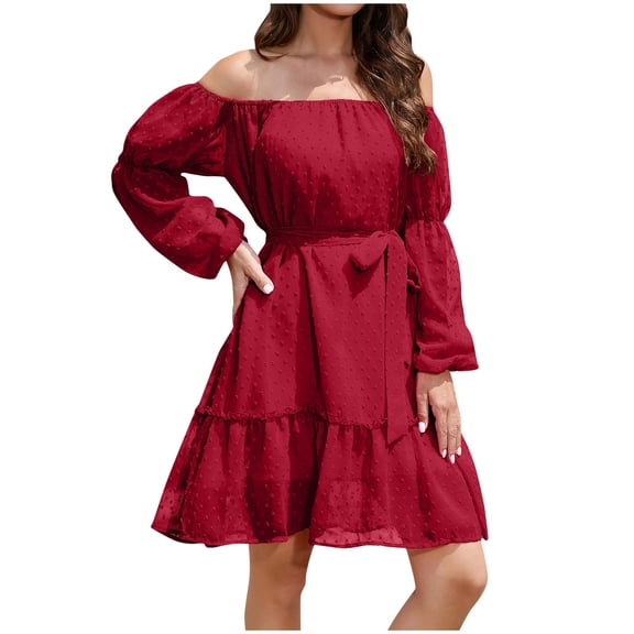 Kaemgyyd Casual Dress for Women Long Sleeve off Shoulder A Line Flowy Midi Dress Boho Belted Tiered Beach Dress