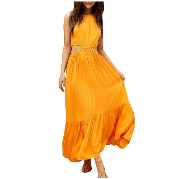 Kaemgyyd Casual Dress for Women Sleeveless Halter Neck Maxi Dress Pleated Tiered A-Line Flowy Beach Long Dresses Sundress