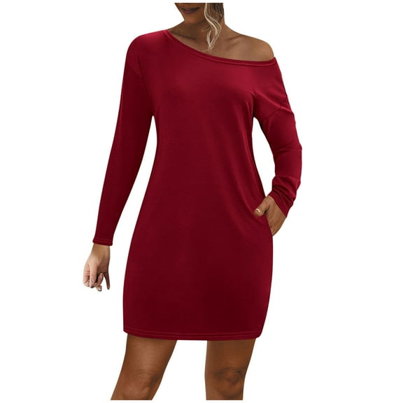 Kaemgyyd Casual Dress for Women Solid Color Long Sleeve T Shirt Dress Basic One-Shoulder Loose Flowy Club Party Dress