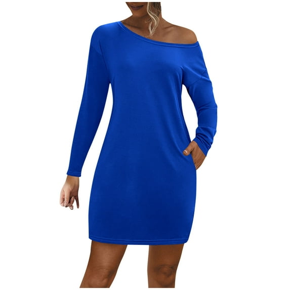 Kaemgyyd Casual Dress for Women Solid Color Long Sleeve T Shirt Dress Basic One-Shoulder Loose Flowy Club Party Dress