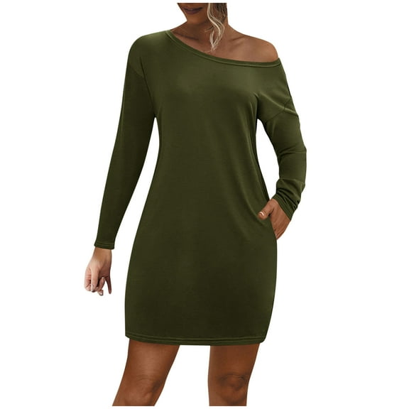 Kaemgyyd Casual Dress for Women Solid Color Long Sleeve T Shirt Dress Basic One-Shoulder Loose Flowy Club Party Dress