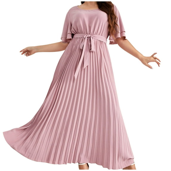 Kaemgyyd Casual Dresses for Women Loose Crew Neck Short Sleeve High Waist Maxi Dress Plus Size Belted Pleated A Line Flowy Dress