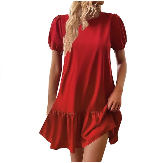 Kaemgyyd Casual Dresses for Women Summer Crew Neck Short Sleeve Solid Basic T-Shirt Dress Loose Tiered Ruffle Hem Beach Cover Up