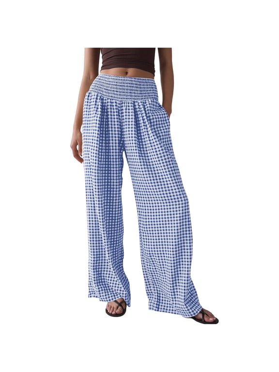 Casual Pants for Women Fall Wide Leg Plaid Pant Smocked Waisted Lounge Trousers Fashion Boho Beach Clothes(Blue,Small)