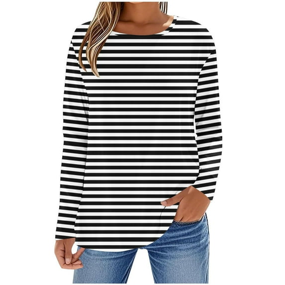 Kaemgyyd Casual Sweatshirts for Women Vintage Striped Long Sleeve Crewneck Base Layer Pullover Loose Fit Fall Tops Winter Clothing